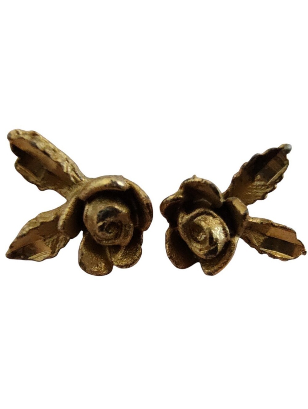 Antiqued Gold Tone 3D Rose & Leaf Floral Stud Earrings Romantic Botanical